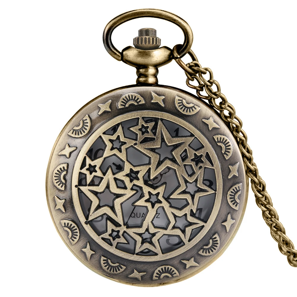 Bronze Hollow Five-pointed Star Quartz Pocket Watch Retro Necklace Chain FOB Clock Pentagonal Stars Pendant Gifts for Men Women