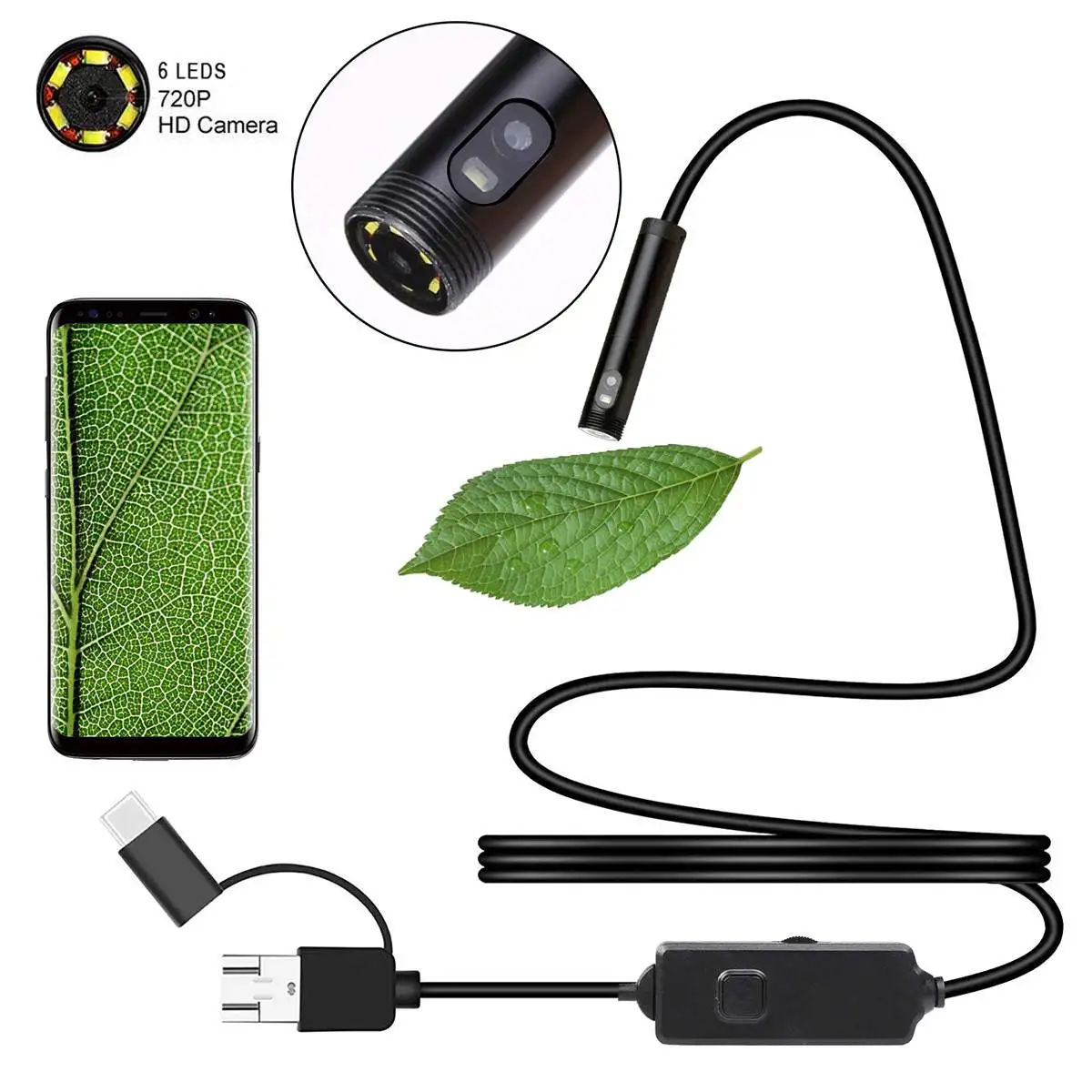 Cámara endoscópica 720P 3 en 1, boroscopio con USB Dual, 2m, 5m, 10m, Cable duro, cámara de inspección de serpiente, 8mm, 6 LED, para Android, PC