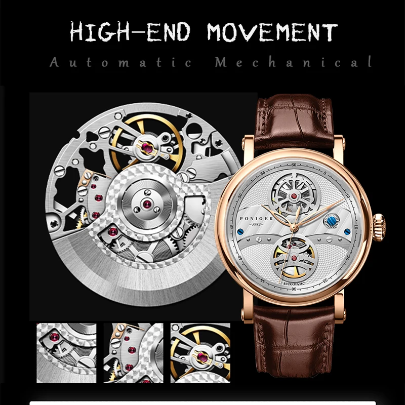 PONIGER Fashion Skeleton Automatic Mechanical Watch Genuine Leather Strap Men Wristwatch Sapphire Glass Waterproof Men Watch