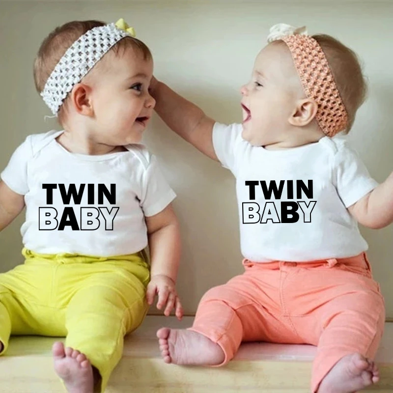 Funny Twin Baby A/B Baby Girls Boys Onesies Cotton Short Sleeve Jumpsuit Twins Baby Bodysuits Ropa Clothes for 0-24 Months