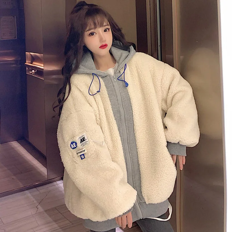 Autumn Winter Hoodie Jacket Thickened Loose Imitation Lamb Wool Coat Korean Splicing Fake Two-piece Cardigan Warm Outwear