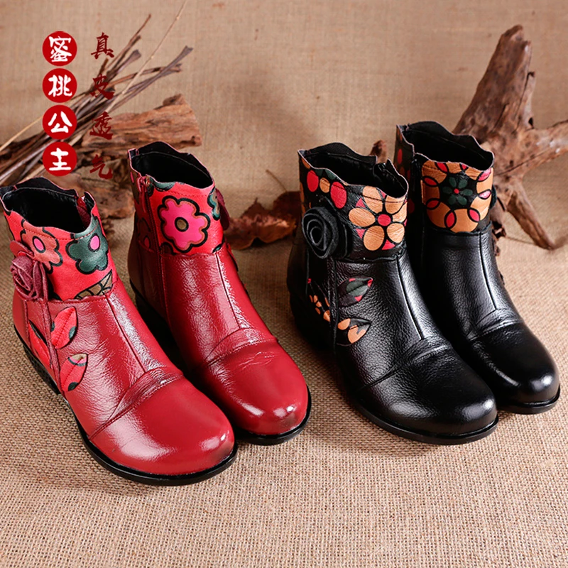 Xiuteng Retro Bohemian Women Boots Printed Genuine Leather Ankle Boots Vintage Motorcycle Booties Ladies Shoes Woman 2022