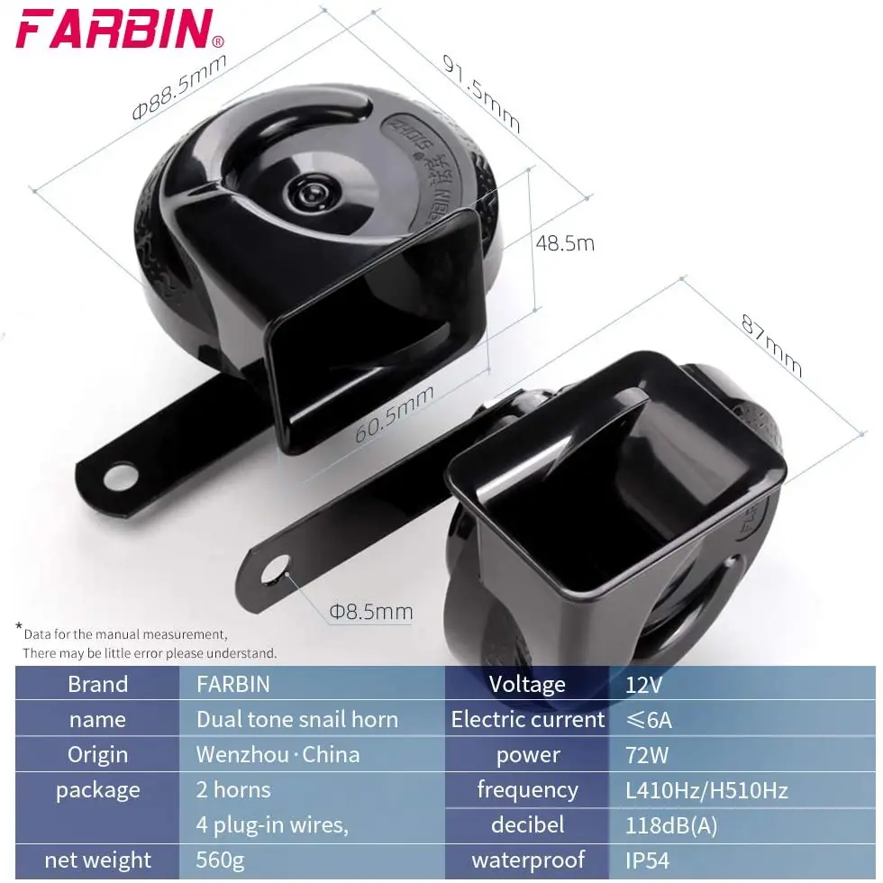 FARBIN Car Horn Loud 12v High/Low Tone Super Loud Horn Waterproof Electric Horn for Truck Motorcycle Train Black/Blue/Red/Yellow