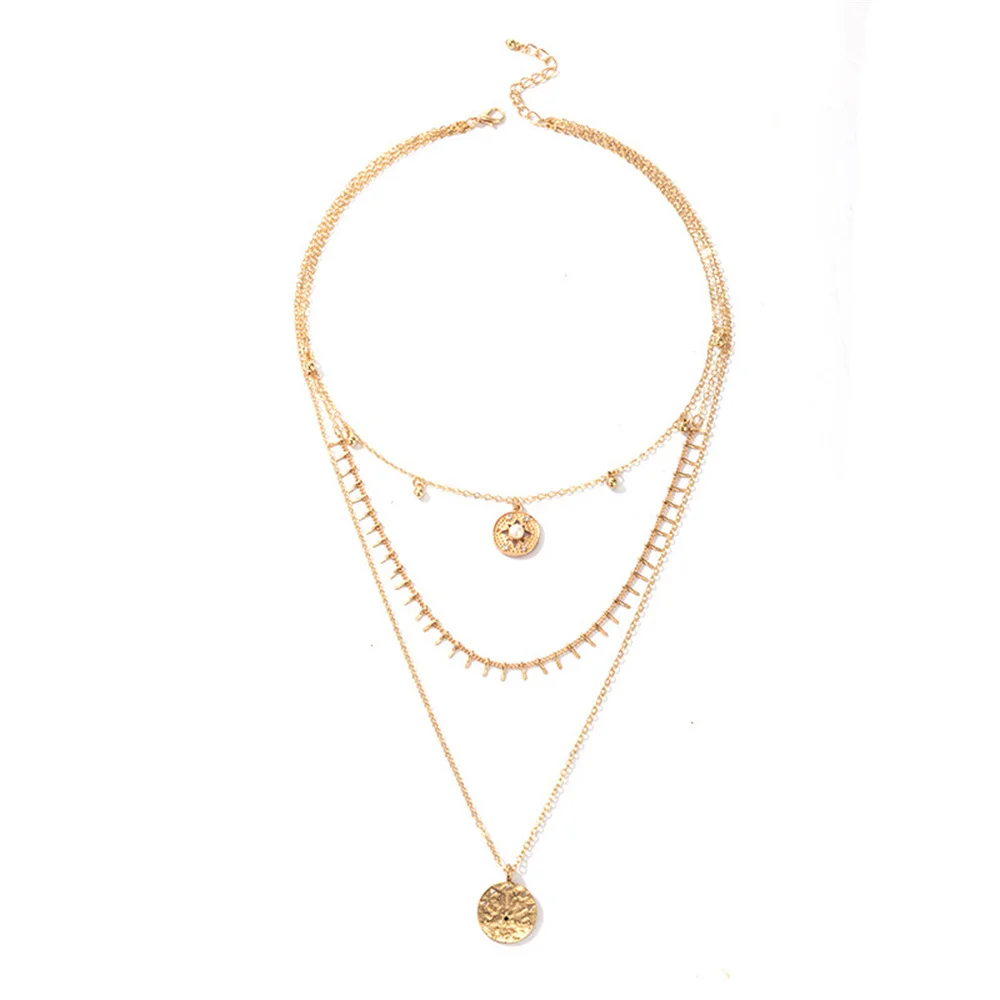 Vintage Fashion Boho Geometric Chain Imitation Pearl Crystal Inlaid Round Pendant Necklace For Women Multilevel Choker Jewelry