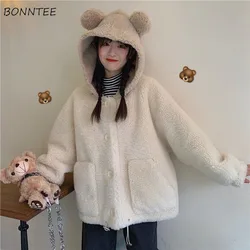 Jackets Women Kawaii Hooded Winter Korean Soft College Single Breasted  Girls Outwear Coats Simple Sweet Female Clothing