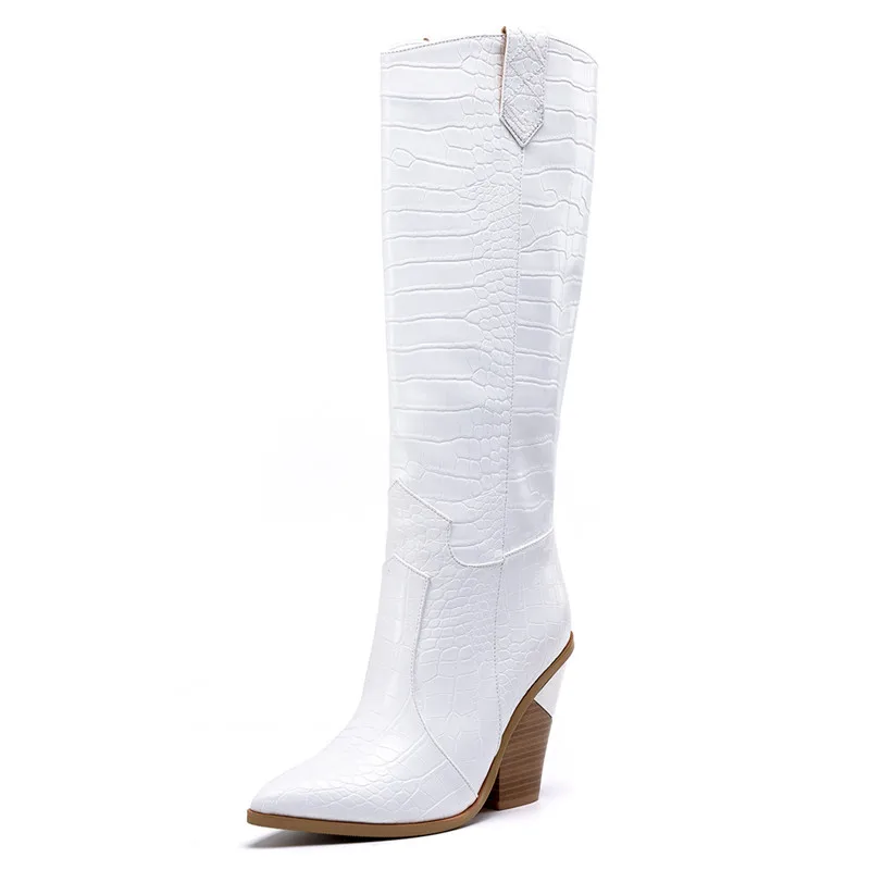 Lasyarrow Western Boots Fashion Knee High Boots Women Faux Leather Wedges High Heel Long Boots Pointed Autumn Winter Woman Boots