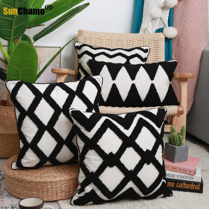 

Black White Handmade Geometric Embroidery Pillow Cover Tassels Home Decor Cushion Cover PillowCase Pillow Sham 30x50cm/45x45cm