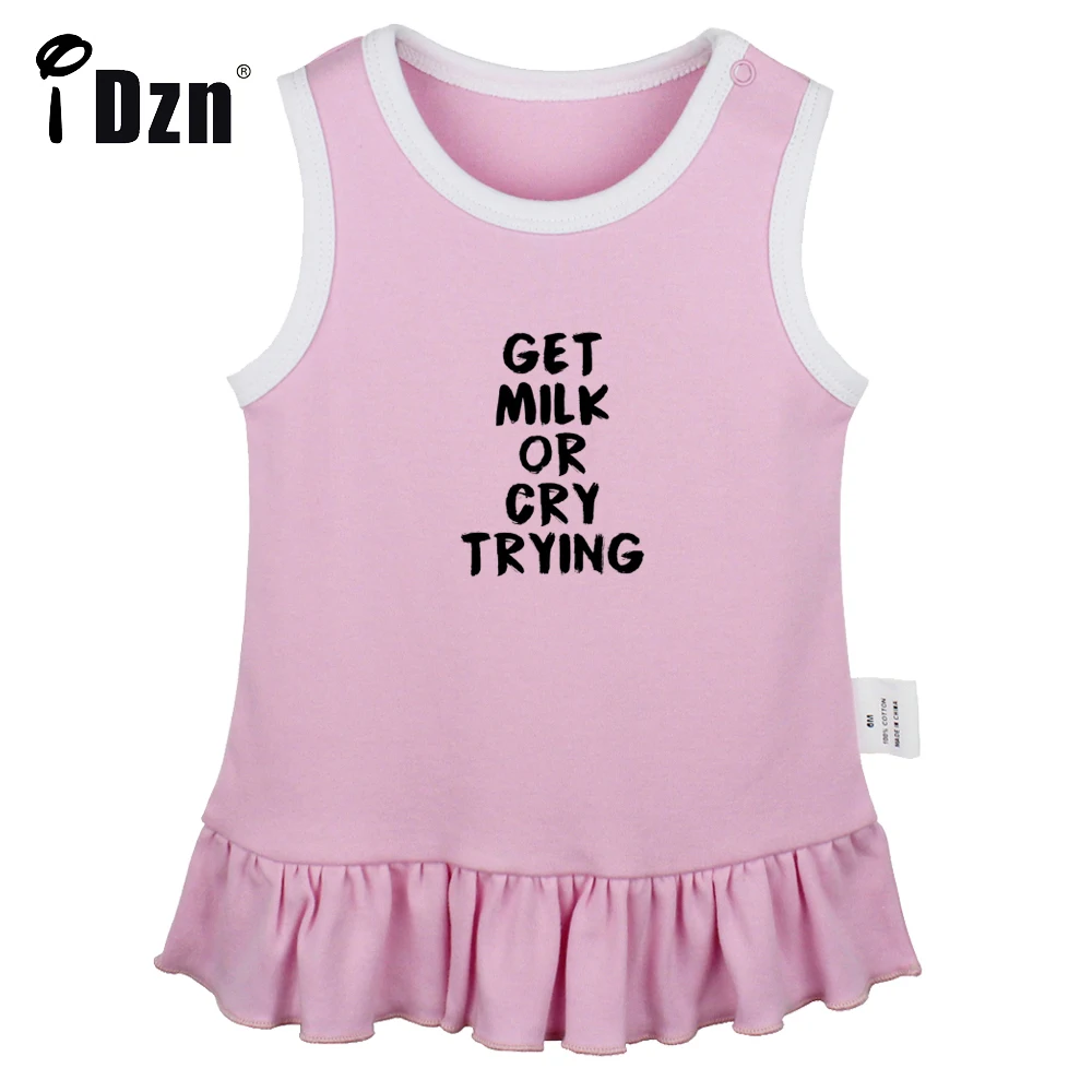 iDzn NEW Get Milk Or Cry Trying Fun Art Printed Pleated Dress Cute Baby Girls Sleeveless Dress Infant Soft Cotton Vest Dresses