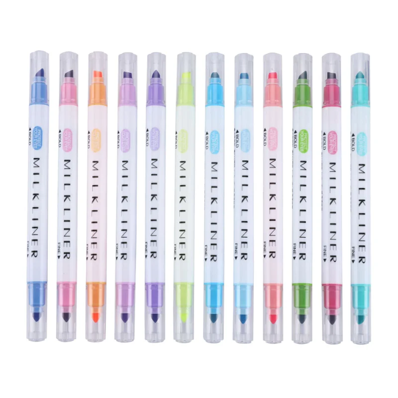 12pcs/set Double-headed Solid Fluorescent Watercolor Pen Art Color Highlighter Drawing Marker Office School Supplies Stationery