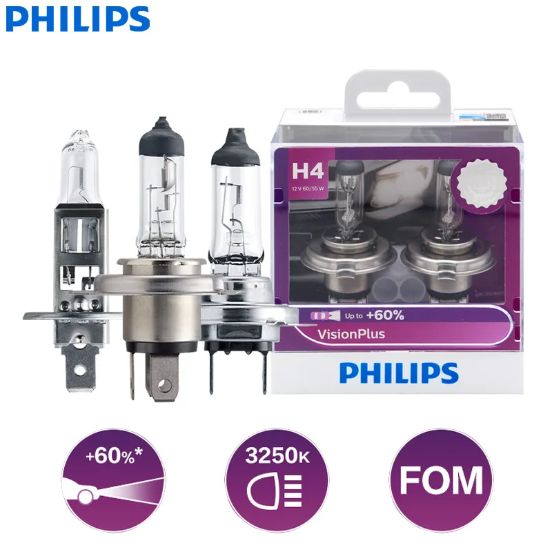 Philips visionplus ไฟตัดหมอกหน้ารถยนต์, H7 H3 H1 H11 9005 9006 HB2 HB3 HB4 VP 12V + 60% สว่างมากขึ้นหลอดไฟฮาโลเจนรถยนต์2X