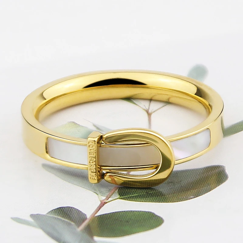 Unique Design Titanium Steel Strap Shape White Shell Ring For Women Love Gift Gold Color Jewelry Wholesale