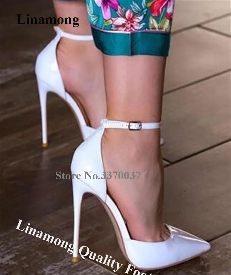 

Linamong Classical Style Pointed Toe Stiletto Heel Pumpe White Black Patent Leather Ankle Strap High Heels Formal Dress Heels