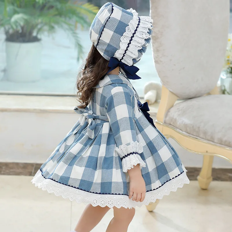 Children Cute Dress Girl Lolita Princess Ball Gown Long Sleeve College Baby Kids Dresses infant Vintage Plaid Robe  Vestidos