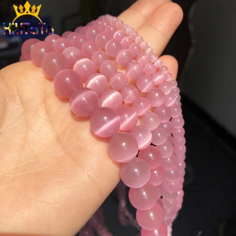 Pink Cat Eye Stone Round Beads Natural Loose Spacer Beads For Jewelry Round Opal Making DIY Bracelet 15\'\'Strands 4 6 8 10 12mm
