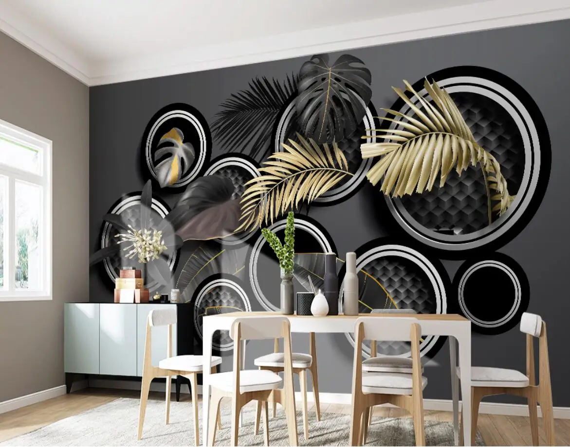 Custom Photo Wallpaper Modern Hand-painted golden tropical plant leaves Murals Living Room Bedroom Waterproof Wall Painting