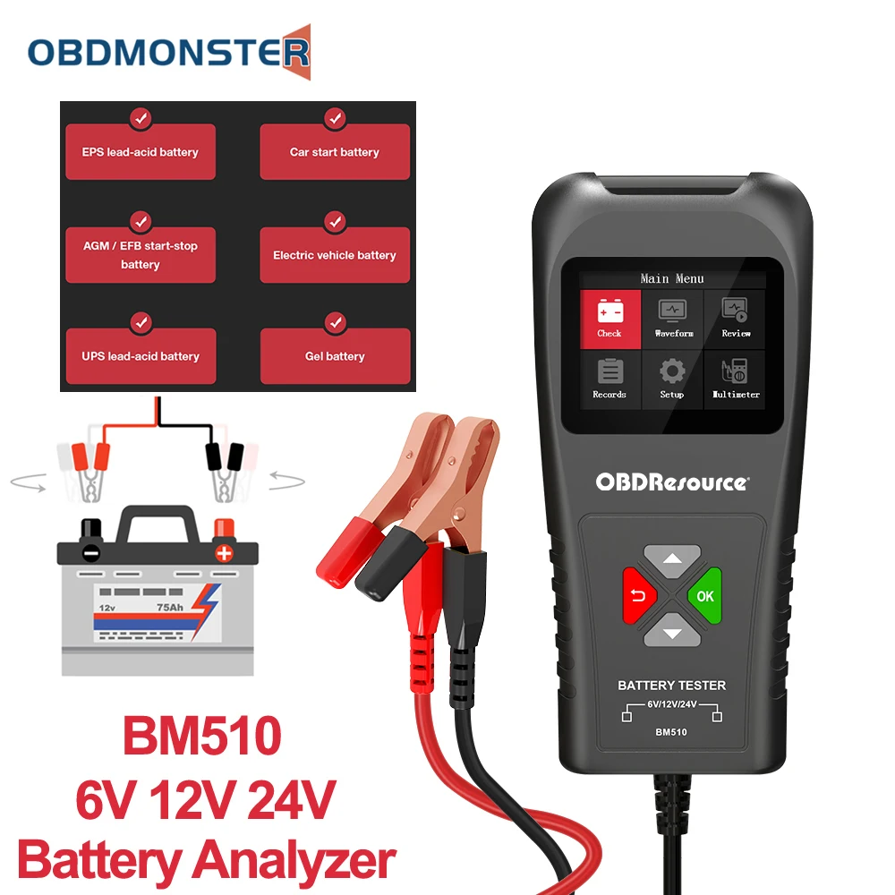 Battery Analyzer 6V 12V 24V BM510 for Lawn Mower Truck Motorcycle Electric Car Internal Resistance Tester Life Voltage Detector