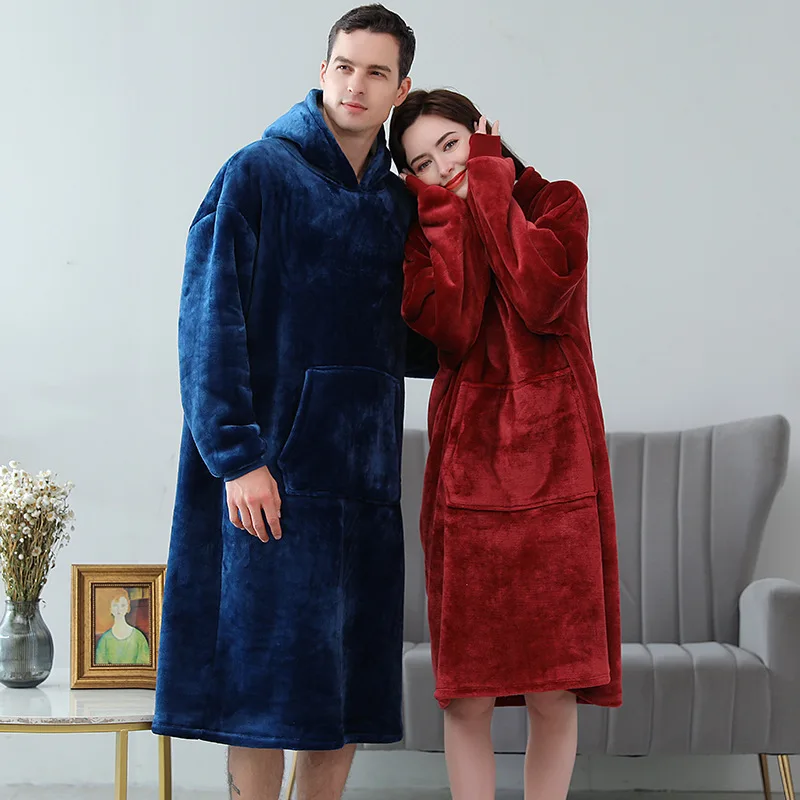 Flannel Nightwear Men&Women Robe Kimono Bathrobe Gown Hooded Sleepwear Winter New Home Dressing Gown Coral Fleece Lingerie