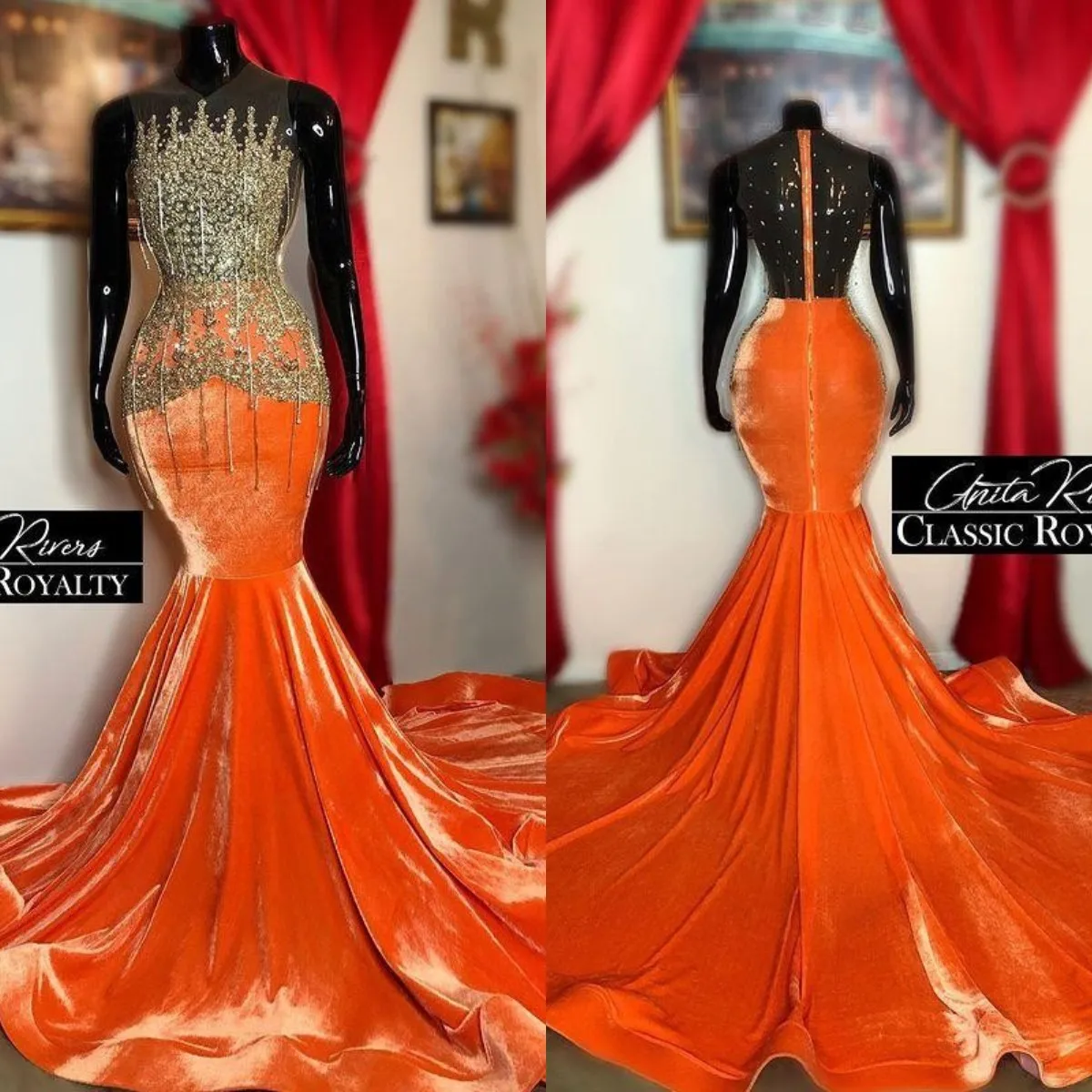 Lange Oranje Mermaid Prom Dresses 2021 Kralen Crystal Afrikaanse Plus Size Vrouwen Formele Partij Avondjurken