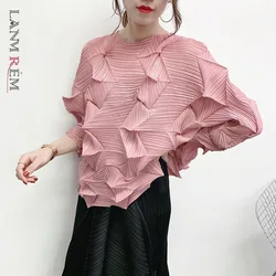 LANMREM 2024 Antumn New Casual Fashion Women Loose pleated tee t-shirt for famale Solid Color three quarter Sleeve tops TC088