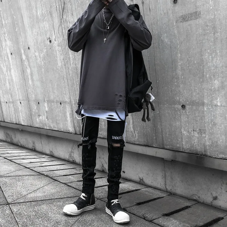 QIWN High Street Jeans Knee Hole Jeans Men's Black Embroidered Stretch Slim Slim Pants Denim Jeans  Men Skinny Jeans