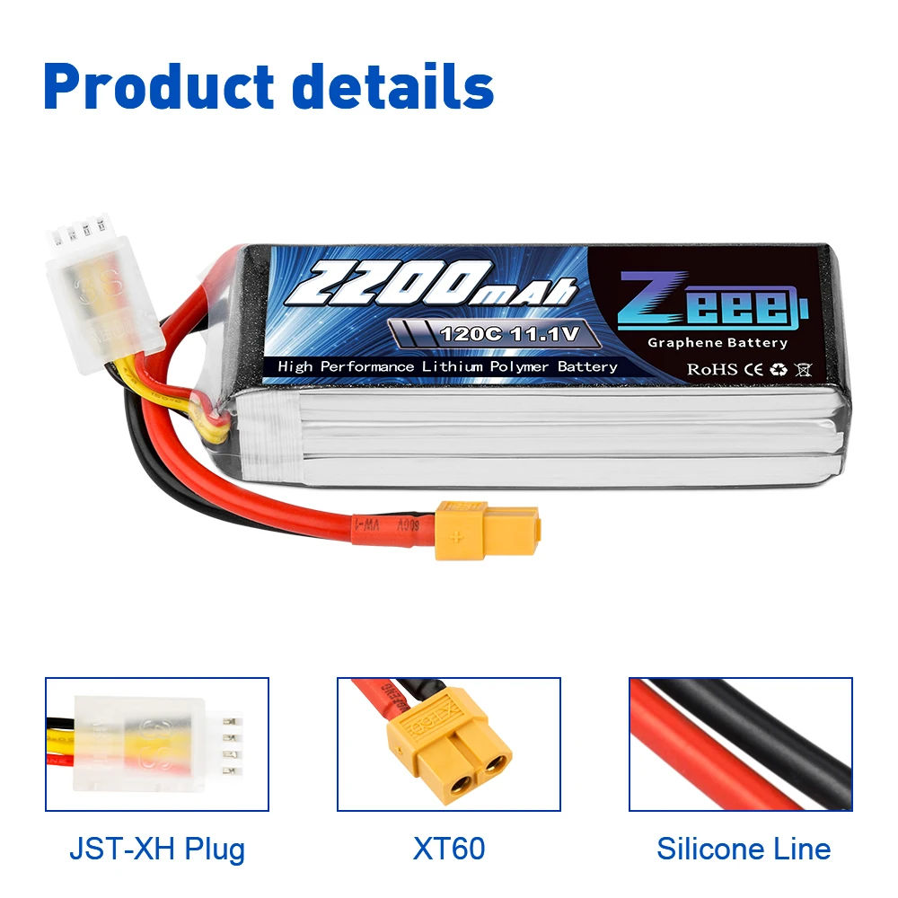 2PCS Zeee 3S Lipo Battery 11.1V 2200mAh 120C RC Graphene Lipo Battery with XT60 Plug For FPV RC Helicopter Drone Boat Airplane