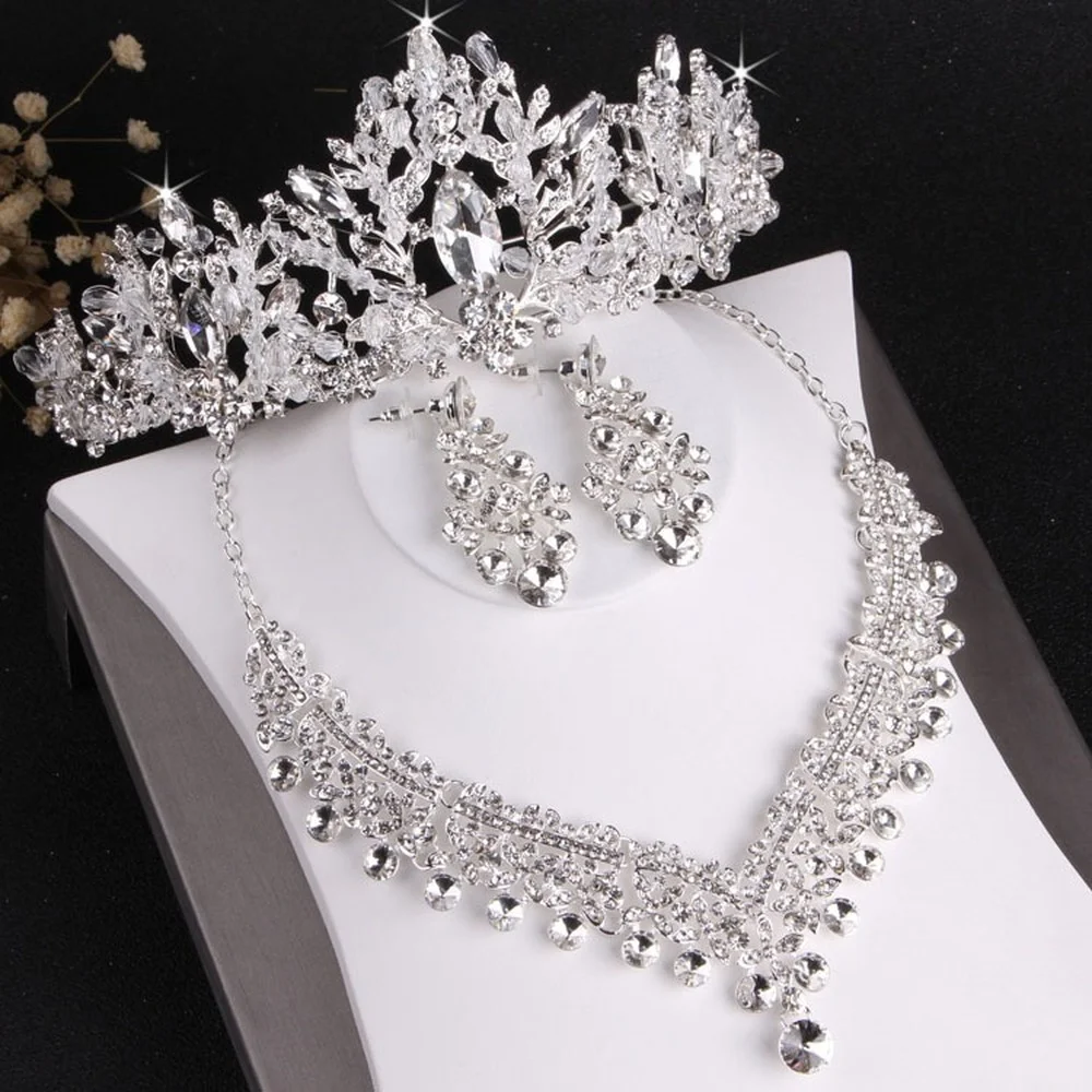 Baroque Luxury Crystal Beads Bridal Jewelry Sets Rhinestone Tiaras Crown Necklace Earrings Set Wedding African Hair Jewelry Set