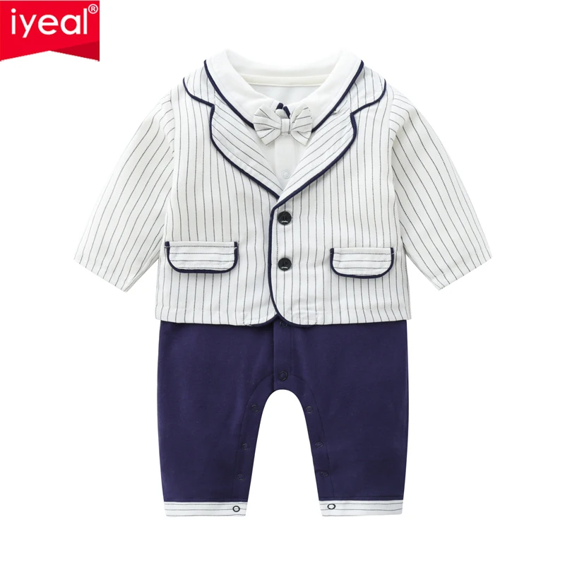 IYEAL Newborn Baby Rompers With Jacket Baby Boy Clothes Jumpsuit Overalls Infant Cotton Outfit with Bow Tie Costume 2Pieces/Set