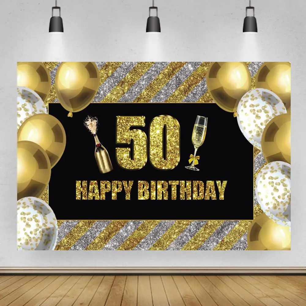 

Gloden Balloons Decoration Champagne Cheers 50th 60th Birthday Banner Backdrops Women Evening Dance Party Wine Table Background