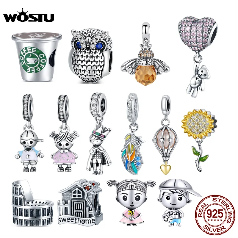 

WOSTU 925 Sterling Silver Flamingo Bee Charms Ariel Balloon Coffee Girls Beads Dangle Fit DIY Original Bracelet Pendants Jewelry