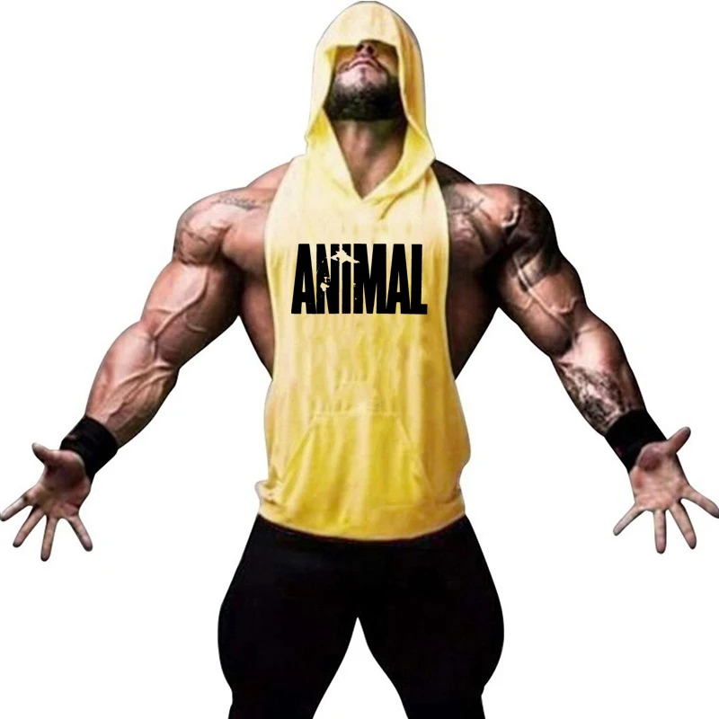 Uomo Bodybuilding Animal canotte senza maniche con cappuccio Muscle Stringer Athletic Fitness Vest Top felpe estive abbigliamento sportivo Top