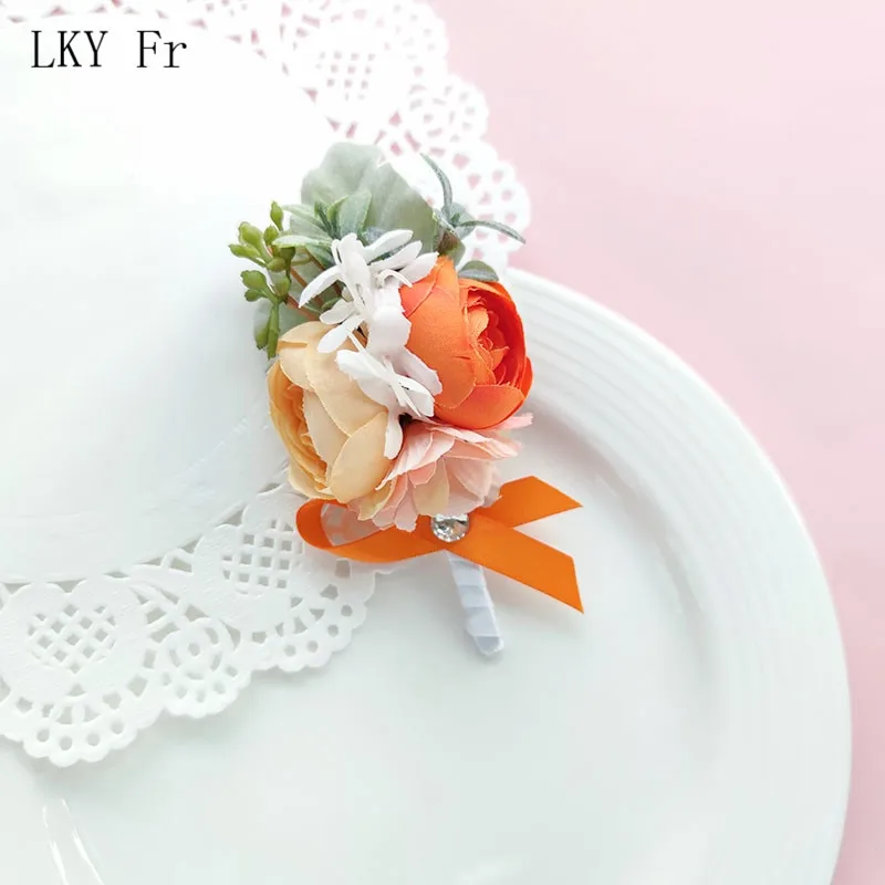 LKY Fr Boutonniere Chú Rể Cưới Chân Xòe Vòng Tay Phù Dâu Cam Vàng Hoa Hồng Lụa Thổ Cẩm Hoa Hôn Nhân Phụ Kiện