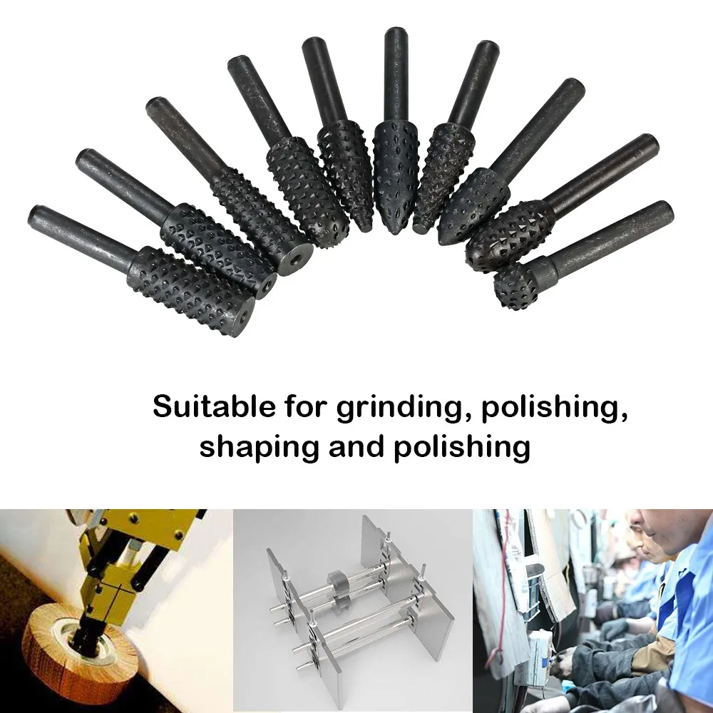 10pcs Rotary Files Rasp Set 6mm Shank Carbon Steel Carbide Milling Cutter Rotary File Burr Tool Woodworking Carving Bits Grindin