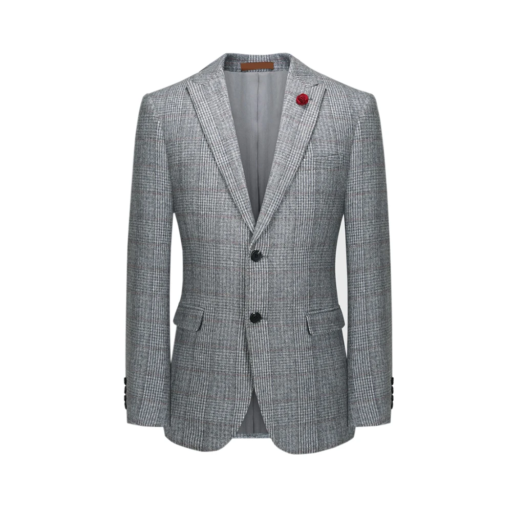 Wool woolen light  grey red windowpane Tweed Men suit Blazers tailored made wedding men suits 3 Piece