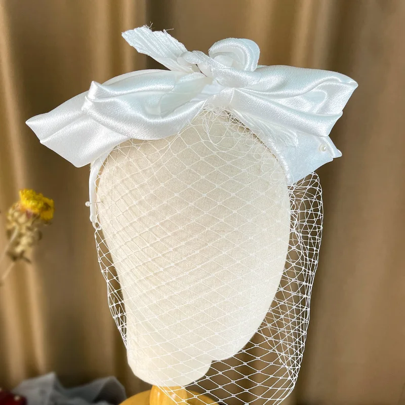 

Bridal Birdcage Veil White Bow-Knot Headband Tiara Satin Hairbands Handmade Women Headware Wedding Accessories заколка бант