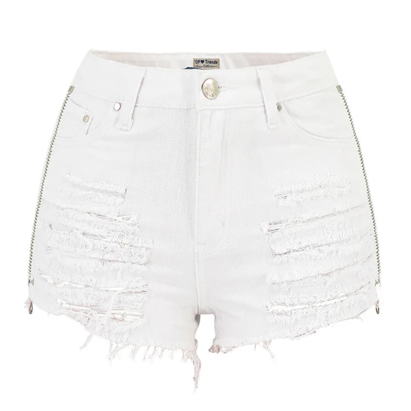 하이웨이스트 찢어진 반바지 여성용 데님 청바지, 양면 스플릿 지퍼, 섹시 트렌디 짧은 바지, 자수 스타, 화이트 시크, 여름