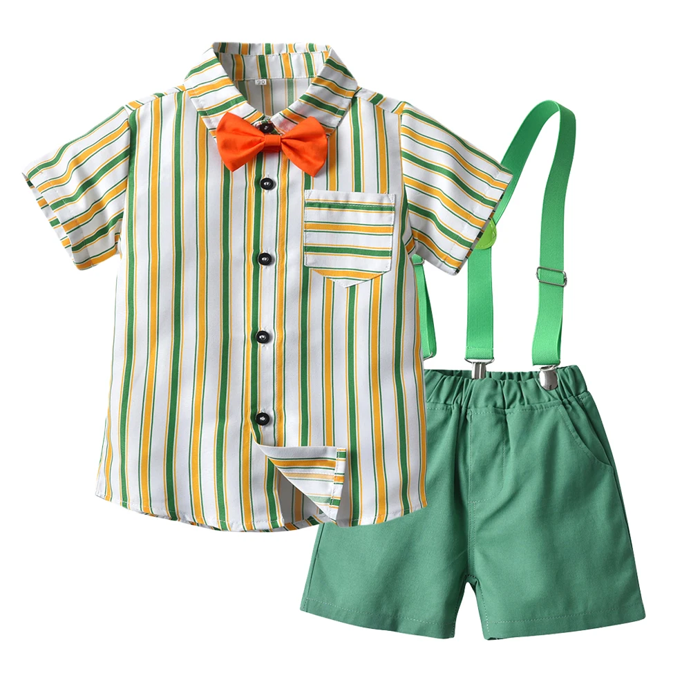 Tem Doger Summer Baby Boys Clothes Suit  Gentleman Style Short Sleeve Bowtie Striped Shirt Tops+Overalls 2PCS Set