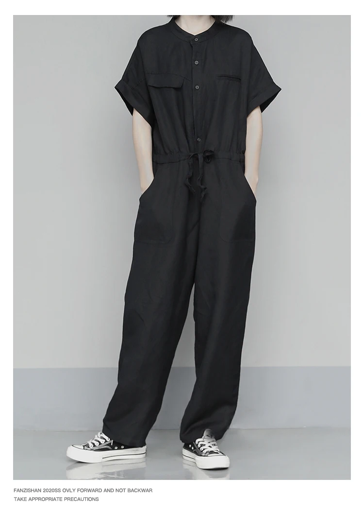 Spring and summer ladies new ramie cotton short sleeve overalls pure color loose waist rope design short sleeve jumpsuit