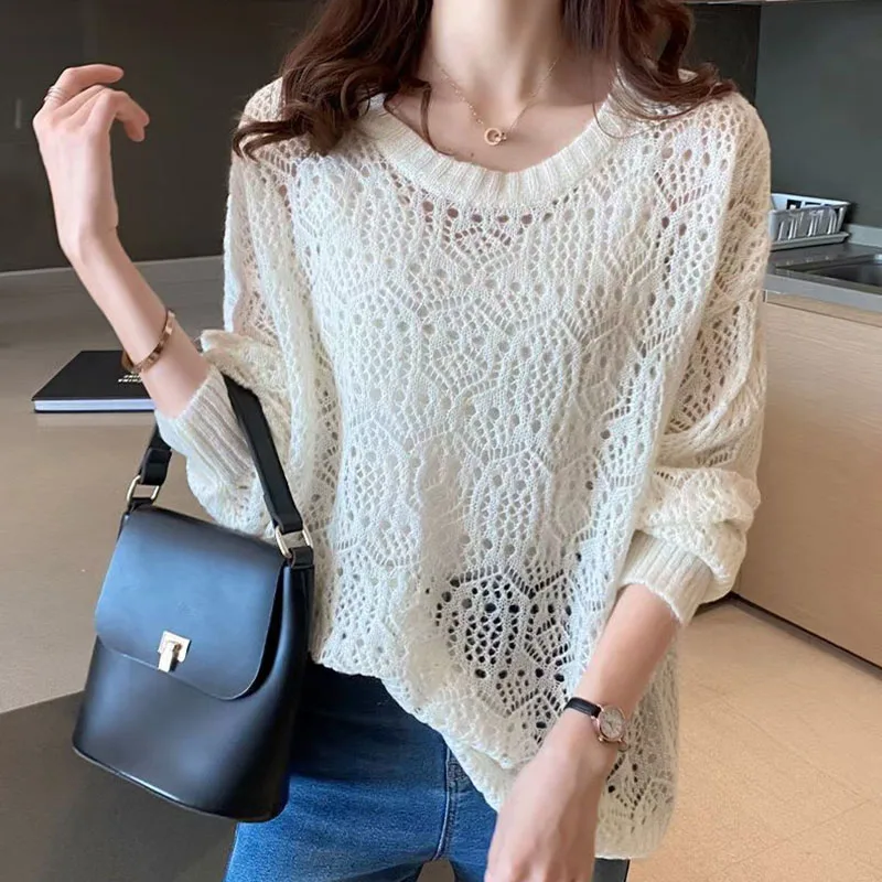 Hollow Out Summer Loose Knitted Pullover Tops Fashion  Thin Cool Pull Jumpers Yellow O-neck Mesh Tops Ladies Mesh Shirt