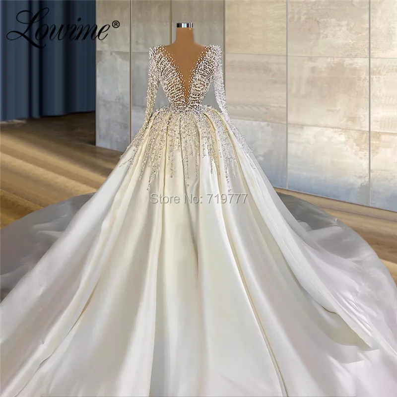 Vestido longo de cetim com pérolas e lindas, vestido de noiva longo, vestido de casamento da arábia saudita, 2020