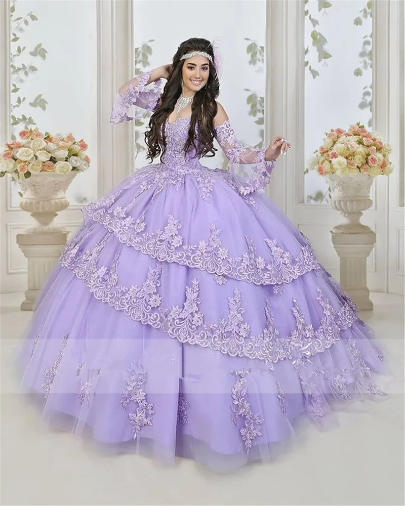 

Очаровательные светильник-фиолетовые платья для Quinceanera, кружевные аппликации, милое платье 16 дюймов, платья с длинным рукавом 15 лет 2021, лавандовые