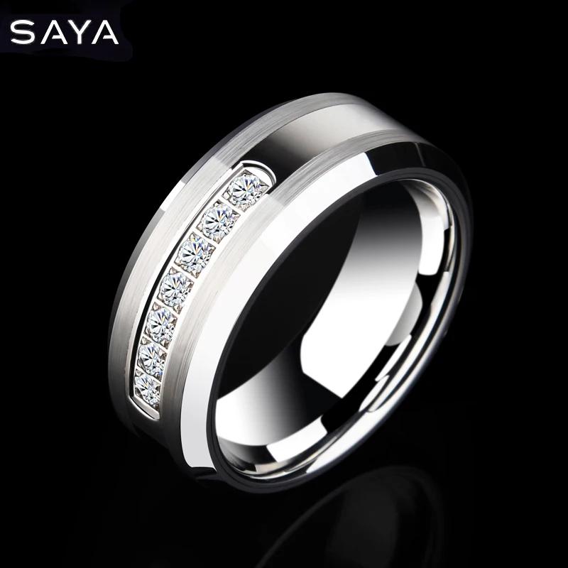 Tungsten Ring Man 8mm for Wedding with Shiny Seven CZ Stones by CNC for Men Fashion Jewelry Engraving