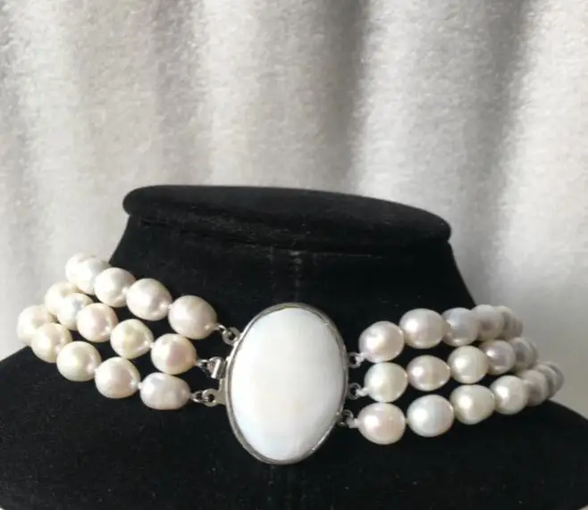 Hot selling  3Strands 18'' 8-9MM White Rice Freshwater Pearl Necklace