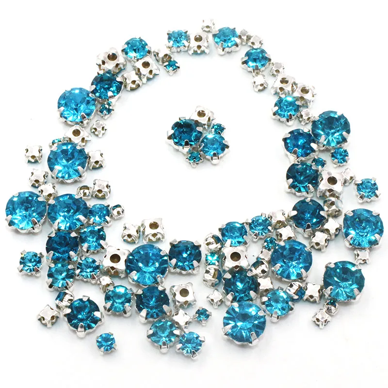 Hot sale Garment beads 100pcs/pack Mixed size Lake blue glass crystal sliver base sew on rhinestones diy clothing accessories