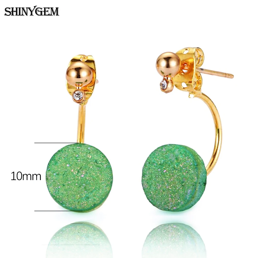 

ShinyGem 2020 Trendy Round Natural Sparkling Crystal Druzy Stone Stud Earrings Zircon Gold Plating Bending For Women Party Gift