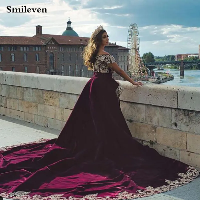 Smileven Caftan 2-Piece Outfit Evening Dress Off The Shoulder Algerian Special occasion Dresses Lace Evening Party Gowns