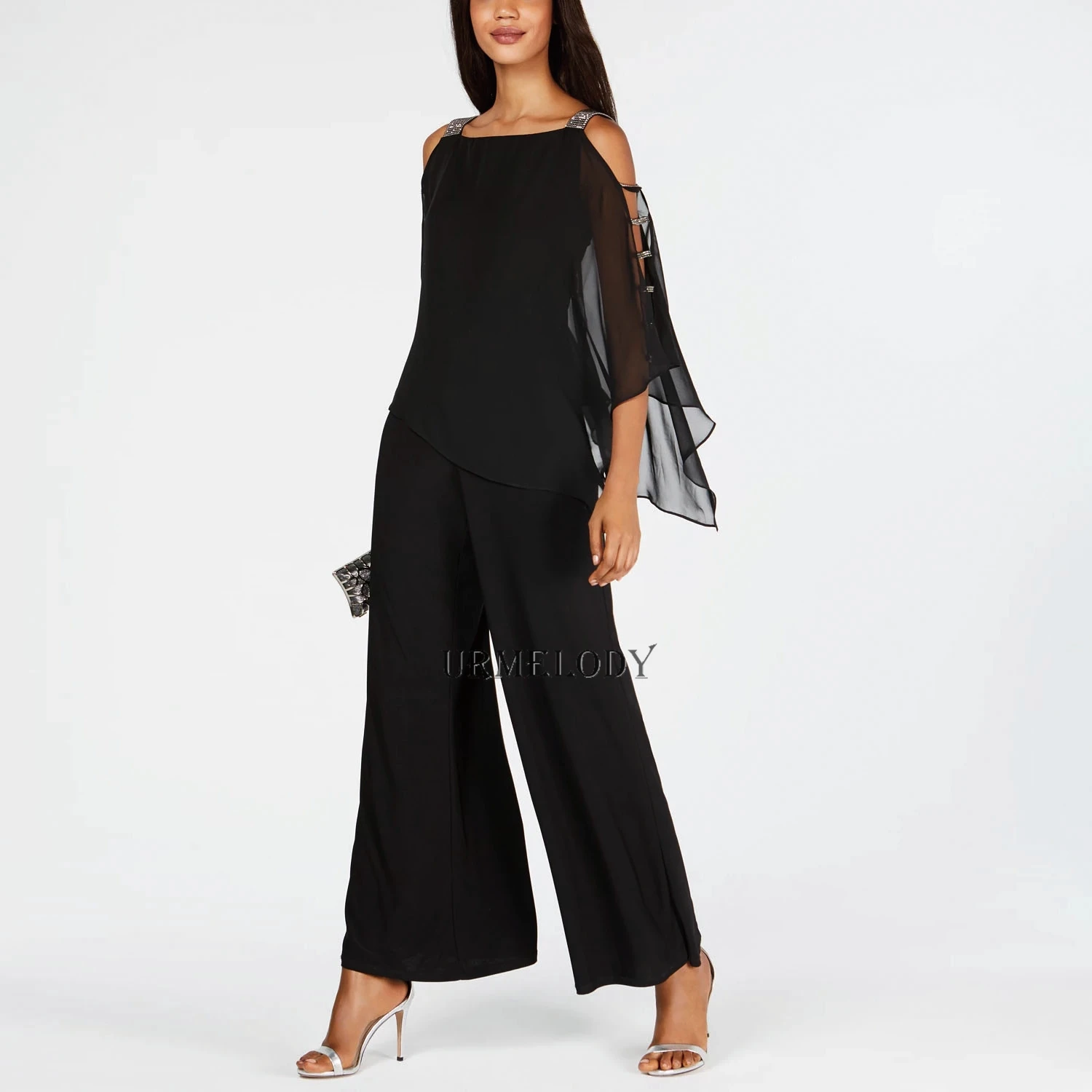 Black Mother of the Groom Chiffon Jumpsuit Evening Dresses