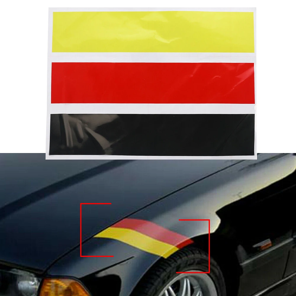 Germany Flag Car Sticker Black+Red+Yellow 3 Stripes Bumper Grid Rear View Mirror Reflective Decal Weatherproof Car Accessories