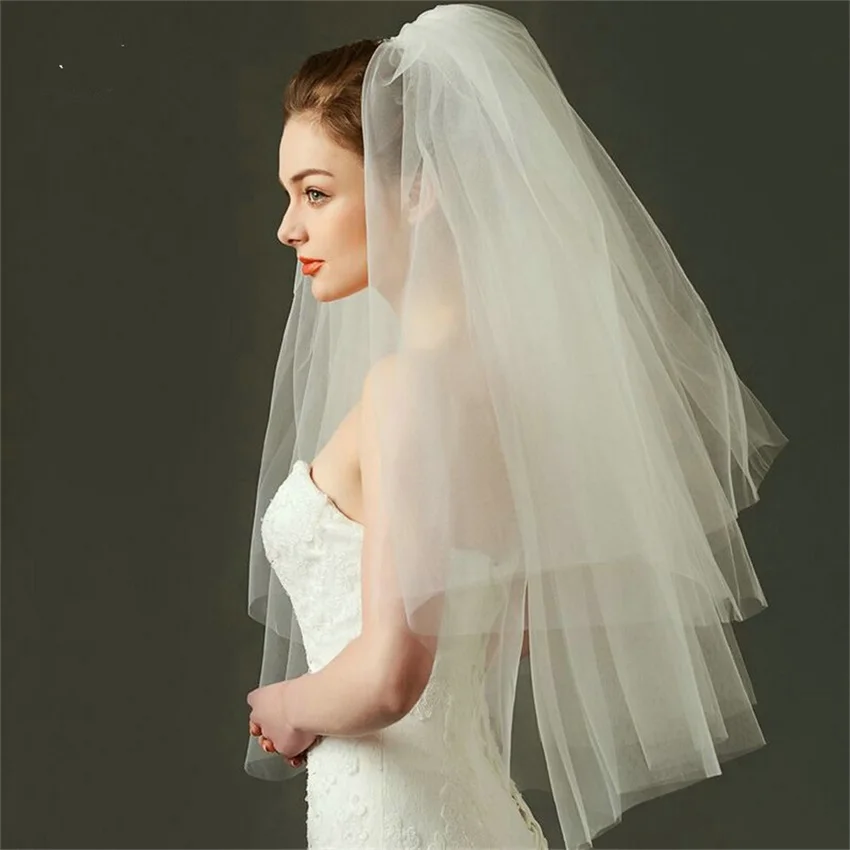 2T Short Tulle Wedding Veils Simple White Two Layers Bridal Veil Cheap Bride Accessories 75cm For Women Veils With Comb