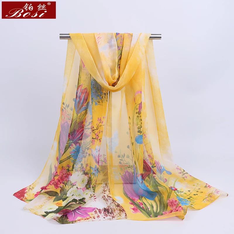 Lenço Chiffon para mulheres, lenços de seda finos, lenço de flor azul, hijab, atacado, primavera e verão, novo