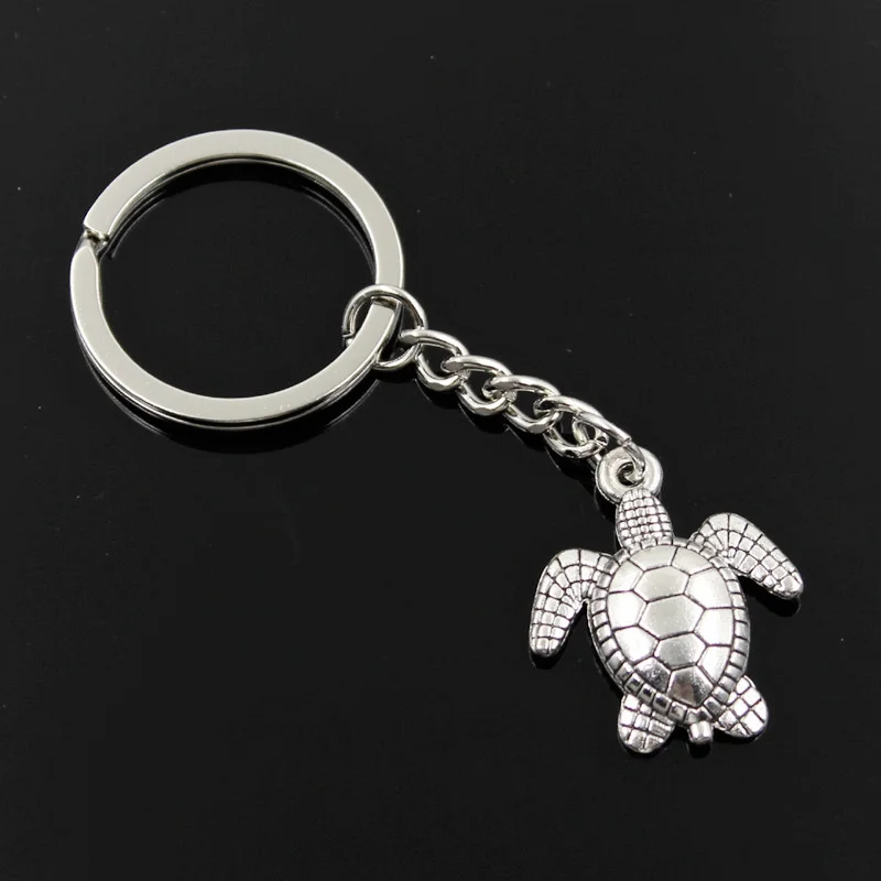 New Fashion Men 30mm Keychain DIY Metal Holder Chain Vintage Tortoise Turtle Sea 26x23mm Silver Color Pendant Gift